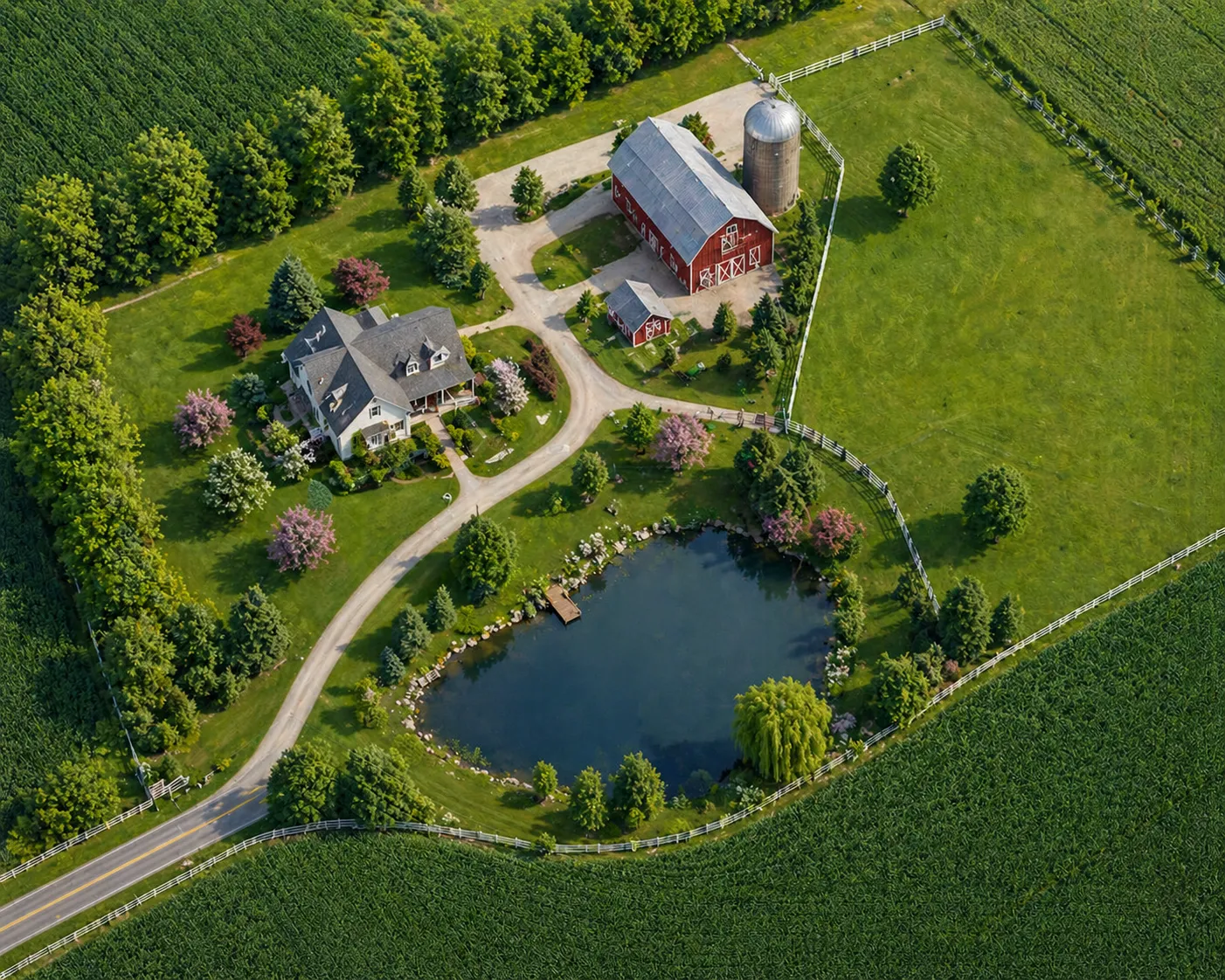 Closer aerial view of the farmhouse, barn, and pond