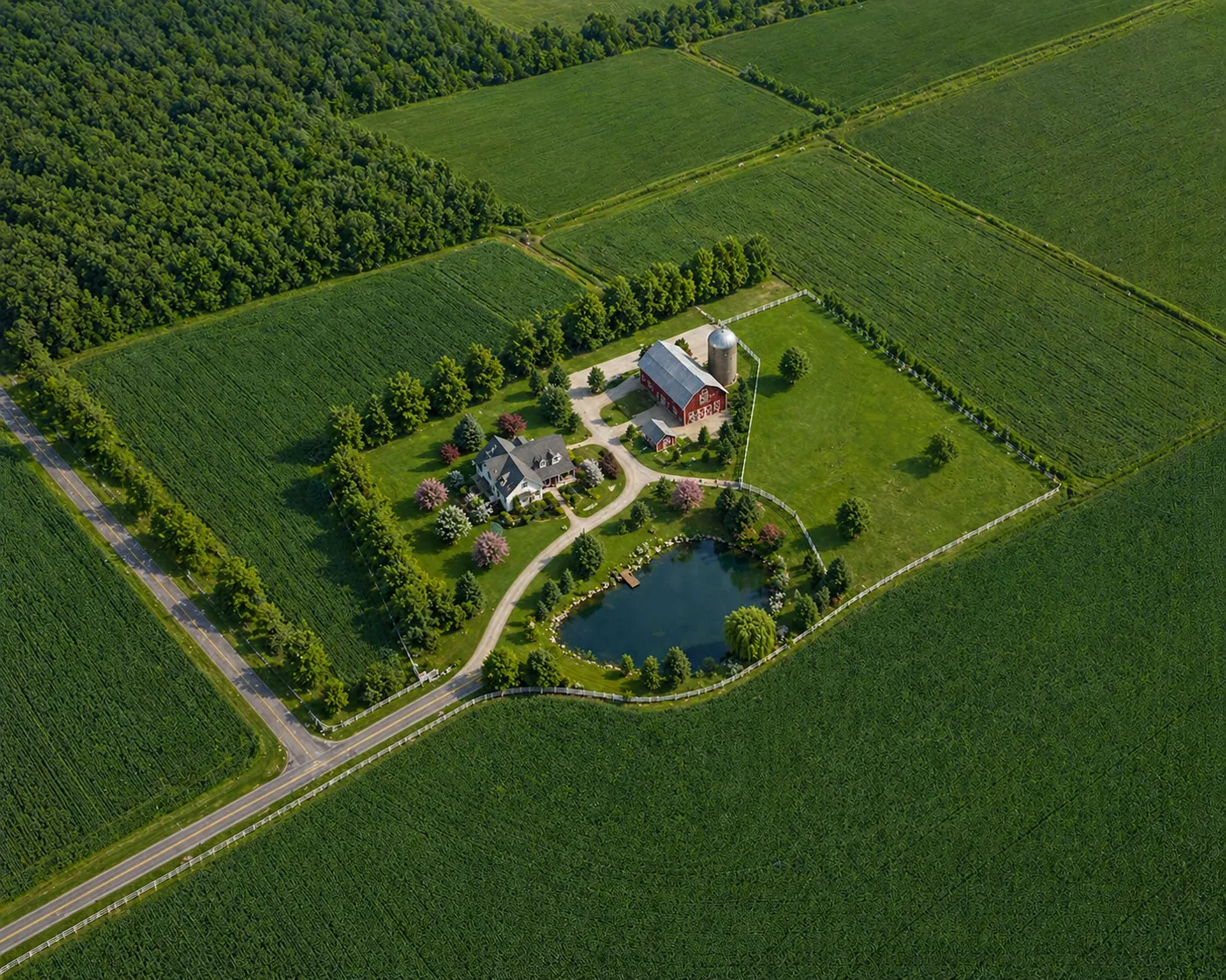 Aerial view of the Three Acres farm and surrounding fields